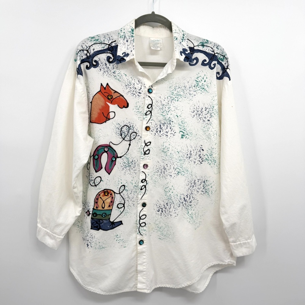 Vintage Hand Painted Top Shirt Womens Large Western Cowgirl Rodeo Equestrian USA